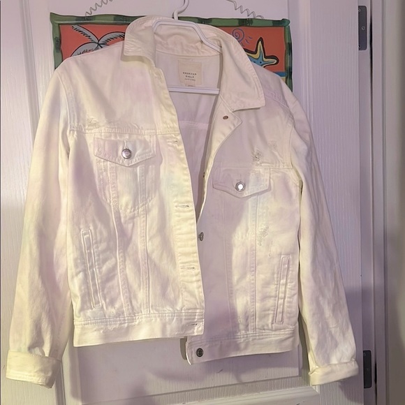 American Eagle Outfitters Jackets & Blazers - American Eagle White Distressed Denim Jean Jacket Pastel Tie Dye Detail